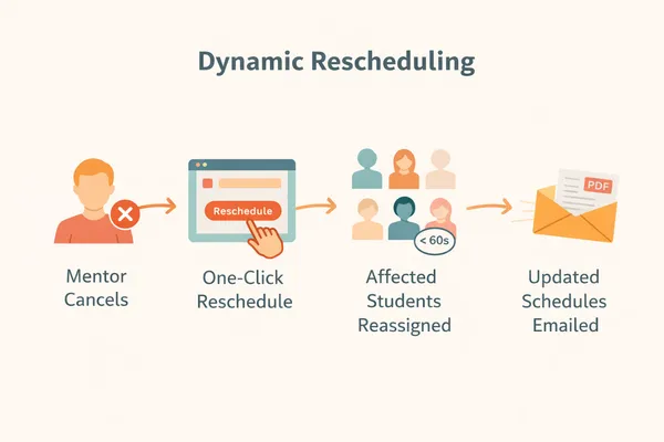 Dynamic rescheduling flow: mentor cancels, one-click reschedule, affected students reassigned in under 60 seconds, updated schedules emailed